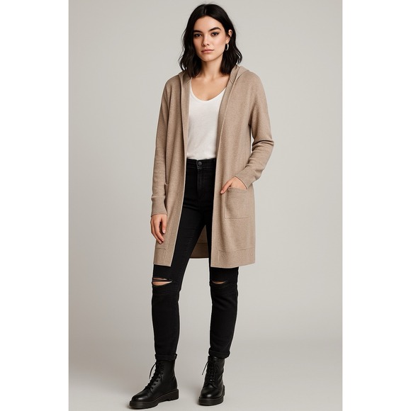 Inspired Hearts - Women's Heather Tan Open Cardigan Hooded Long Sleeve One Size - Picture 1 of 11